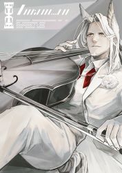 Rule 34 | 1boy, arknights, bow (music), brown eyes, cello, facial hair, flower, formal, goatee, grey background, hellagur (arknights), highres, instrument, jacket, long hair, male focus, oaza, pants, sitting, solo, suit, suit jacket, white flower, white hair, white pants, white suit