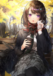 Rule 34 | 1girl, artist name, autumn, bag, bench, black hair, black jacket, black pantyhose, blush, cup, day, disposable cup, enpera, green necktie, grey skirt, holding, holding cup, jacket, long hair, long sleeves, looking away, looking to the side, miniskirt, nail polish, necktie, on bench, open clothes, open jacket, open mouth, orange nails, original, otoufu (gotouhu), outdoors, pantyhose, park bench, plaid, plaid scarf, plaid skirt, purple eyes, red scarf, scarf, school bag, school uniform, shirt, sitting, skirt, solo, steam, swept bangs, tree, white shirt