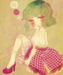 Rule 34 | 1girl, bad id, bad pixiv id, blush, dress, flower, green hair, hand on own face, kazami yuuka, looking at viewer, red eyes, short hair, simple background, solo, touhou, wavy hair, yujup