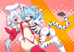 Rule 34 | 2girls, animal ears, animal hands, animal print, bad id, bad pixiv id, barefoot, bikini, blue hair, blush, breasts, cat paws, collar, covered erect nipples, cuffs, dual persona, elbow gloves, fake animal ears, fang, fuurin rei, glasses, gloves, highres, leg up, long hair, medium breasts, multiple girls, one eye closed, open mouth, original, outstretched arm, pointing, pointing at viewer, rabbit ears, rabbit tail, reaching, red eyes, red legwear, ringed eyes, sidelocks, string bikini, swimsuit, tail, thighhighs, tiger ears, tiger print, tiger tail, tomoyan (nyakkoya), white hair, wink, yellow eyes
