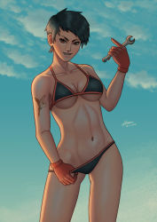 Rule 34 | 1girl, ace combat, ace combat 7: skies unknown, avril mead, bare shoulders, bikini, black bikini, black hair, breasts, brown eyes, cloud, collarbone, commentary request, cowboy shot, dated, day, gloves, gluteal fold, holding, holding wrench, looking at viewer, medium breasts, orange gloves, outdoors, seiyunn, short hair, sky, smile, solo, standing, swimsuit, tattoo, teeth, underboob, upper teeth only, wrench