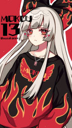 Rule 34 | 1girl, :|, black bow, black sweater, blunt bangs, bow, character name, closed mouth, clothes writing, collarbone, contemporary, fiery wings, flame print, flaming eye, fujiwara no mokou, hair bow, heart, highres, hime cut, jewelry, kyouda suzuka, long hair, long sleeves, looking at viewer, necklace, print bow, print shirt, red background, red eyes, shirt, simple background, solo, standing, sweater, touhou, twitter username, upper body, white hair, wings