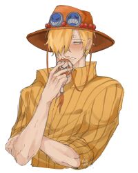 Rule 34 | 1boy, blonde hair, blue eyes, blush, borrowed clothes, closed mouth, collared shirt, commentary, cosplay, curly eyebrows, english commentary, facial hair, full-face blush, hair over one eye, hat, highres, implied yaoi, male focus, one piece, orange headwear, portgas d. ace, portgas d. ace (cosplay), sanji (one piece), shirt, short hair, sleeves rolled up, smile, white background, xve009, yellow shirt