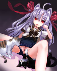 Rule 34 | 1girl, ahoge, animal, animal ears, bad id, bad pixiv id, bar censor, bestiality, blush, bow, cat, cat ears, censored, chikokuma, clothing aside, fang, hair bow, long hair, no pants, one-piece swimsuit, original, paw pose, purple hair, pussy, red eyes, school swimsuit, school uniform, solo, spread legs, spread pussy, swimsuit, swimsuit aside, swimsuit under clothes, teamwork, twintails