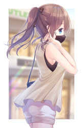 Rule 34 | 1girl, ass, bag, bare arms, bare shoulders, black bow, black shirt, blue eyes, blue nails, blurry, blurry background, bow, brown dress, brown hair, commentary request, cowboy shot, depth of field, dress, from behind, hair between eyes, hair bow, hand up, highres, kugatsu tooka, mask, mouth mask, nail polish, original, ponytail, profile, shirt, short shorts, shorts, shoulder bag, signature, sleeveless, sleeveless dress, sleeveless shirt, solo, white shorts