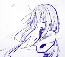 Rule 34 | 1girl, blush, closed eyes, commentary request, gradient background, grey background, hair between eyes, haryuu (poetto), highres, horns, japanese clothes, kimono, long hair, long sleeves, miko, monochrome, oni, oni horns, ribbon-trimmed sleeves, ribbon trim, shuna (tensei shitara slime datta ken), sleeves past fingers, sleeves past wrists, solo, tensei shitara slime datta ken, white background