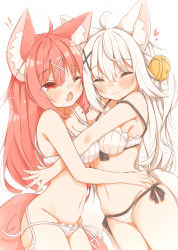 Rule 34 | !, !!, 1girl, ^ ^, absurdres, ahoge, animal ear fluff, animal ears, bad id, bad pixiv id, bare arms, bare shoulders, bell, blush, bra, breasts, cleavage, closed eyes, closed mouth, commentary request, fang, fox ears, fox girl, fox tail, groin, hair bell, hair between eyes, hair ornament, hairclip, heart, highres, hug, jingle bell, long hair, medium breasts, minato yu (0514), navel, one eye closed, open mouth, original, panties, red eyes, red hair, side-tie panties, simple background, smile, surprised, tail, underwear, underwear only, untied panties, very long hair, white background, white bra, white hair, white panties, x hair ornament