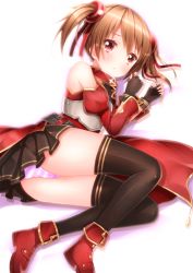 Rule 34 | 10s, 1girl, armor, bad id, bad pixiv id, bare shoulders, black thighhighs, blush, breastplate, brown hair, crotch seam, detached sleeves, fingerless gloves, gloves, hair ribbon, highres, looking at viewer, lying, on side, panties, pantyshot, red eyes, ribbon, silica, skirt, solo, striped clothes, striped panties, sword art online, swordsouls, thighhighs, twintails, underwear, upskirt