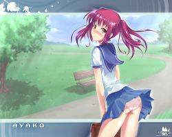 Rule 34 | 1girl, atomix, bench, character name, closed mouth, clothes lift, copyright request, day, grass, heart (symbol), looking at viewer, outdoors, panties, school uniform, skirt, skirt lift, solo, tree, underwear