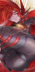 Rule 34 | 1girl, armor, ass, black bodysuit, bodysuit, breastplate, breasts, cape, chain, collared cape, fate/grand order, fate (series), greaves, hair over one eye, koha-ace, large breasts, long hair, looking at viewer, oda nobunaga (fate), oda nobunaga (maou avenger) (fate), popped collar, red cape, red eyes, red hair, smile, solo, thighs, torichamaru, very long hair