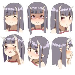 Rule 34 | 1girl, :o, ;d, ^ ^, bare shoulders, black hair, blush, closed eyes, closed mouth, covering own mouth, cropped torso, expressions, facial mark, false smile, hand up, highres, horns, kuro kosyou, light frown, long hair, multiple views, nose blush, one eye closed, oni, open mouth, original, parted lips, pointy ears, profile, red eyes, shaded face, short eyebrows, smile, tears, thick eyebrows, upper body, wiping tears