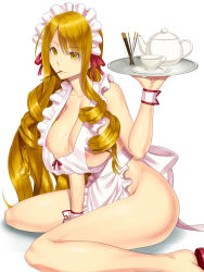 Rule 34 | 1girl, apron, arm support, bare shoulders, blonde hair, breasts, drill hair, eating, female focus, food, hair ornament, highres, huge breasts, long hair, maid, maid apron, maid headdress, morozou, mouth hold, naked apron, nipple slip, nipples, no bra, no panties, original, simple background, sitting, solo, very long hair, waitress, wariza, white background, yellow eyes