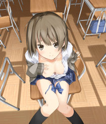 Rule 34 | 1girl, bad id, bad pixiv id, bag, black socks, bow, bowtie, bra, bra pull, breasts, brown eyes, brown hair, classroom, clothes pull, collared shirt, desk, downblouse, from above, hand on own chest, highres, indoors, kneehighs, lingerie, long sleeves, looking at viewer, looking up, medium breasts, mousou (mousou temporary), nipple slip, nipples, on table, one breast out, open clothes, open shirt, original, pleated skirt, school, school desk, school uniform, shirt, short hair, sitting, skirt, sleeves past wrists, smile, socks, solo, striped bow, striped bowtie, striped clothes, table, underwear, unworn bowtie