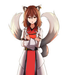 Rule 34 | 1girl, adapted costume, allcy49, animal ear fluff, animal ears, arms under breasts, breasts, brown eyes, brown hair, cat ears, cat tail, chen, cowboy shot, dress, earrings, expressionless, hair between eyes, highres, jewelry, looking at viewer, medium breasts, medium hair, multiple tails, nekomata, no headwear, no headwear, parted lips, simple background, single earring, slit pupils, solo, standing, tabard, tail, touhou, two tails, white dress