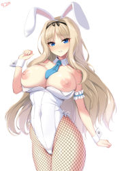 Rule 34 | 1girl, animal ears, bare shoulders, blonde hair, blue eyes, blush, breasts, detached collar, fake animal ears, fishnet pantyhose, fishnets, frills, hair ribbon, hairband, highres, kusugawa sasara, large breasts, leotard, long hair, long sleeves, looking at viewer, necktie, nipples, pantyhose, playboy bunny, rabbit ears, ribbon, solo, strapless, strapless leotard, to heart (series), to heart 2, white background, wrist cuffs, yu-ta