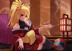 Rule 34 | 1girl, absurdres, animal ears, ball, beachball, black thighhighs, blonde hair, blush, brown eyes, fox ears, fox girl, hair between eyes, highres, japanese clothes, looking at viewer, lying, nuwon, on side, original, pleated skirt, ponytail, red skirt, skirt, solo, thighhighs
