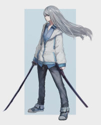 Rule 34 | 1girl, absurdres, blue background, blue eyes, blue footwear, blue shirt, closed mouth, collared shirt, commentary request, denim, dress shirt, expressionless, full body, grey background, grey hair, grey jacket, hashimoto kokai, highres, holding, holding sword, holding weapon, jacket, jeans, katana, legs apart, long hair, long sleeves, looking at viewer, original, pants, partially unzipped, polka dot, profile, sheath, shirt, shoes, sleeves past wrists, sneakers, solo, standing, sword, two-tone background, unsheathed, weapon, wing collar, zipper