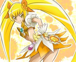 Rule 34 | 10s, 1girl, arudebido, blonde hair, bow, brooch, crop top, cure sunshine, gradient background, hair bow, heart, heart brooch, heartcatch precure!, jewelry, long hair, magical girl, myoudouin itsuki, orange bow, orange skirt, precure, shiny tambourine (heartcatch precure!), skirt, smile, solo, sparkle, twintails, wrist cuffs, yellow eyes