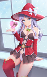 Rule 34 | 1girl, bare shoulders, bell, belt, blue eyes, box, breasts, cleavage, clothing cutout, commentary, detached sleeves, fur-trimmed sleeves, fur collar, fur trim, hair ribbon, hand up, hat, heart-shaped box, highres, indoors, leotard, light purple hair, long hair, looking at viewer, medium breasts, navel, navel cutout, original, pom pom (clothes), red hat, red sleeves, red thighhighs, ribbon, sasaame, sitting, smile, snowing, solo, thighhighs, white ribbon, window, witch hat