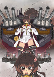 Rule 34 | 1girl, brown eyes, brown hair, cannon, cherry blossoms, clothes writing, clothing cutout, coat, coat on shoulders, collar, crossed arms, flower, gunbuster pose, hair flower, hair intakes, hair ornament, headgear, highres, kantai collection, long hair, metal collar, pleated skirt, ponytail, rigging, shoulder cutout, sidelocks, skirt, sleeveless, sleeveless coat, thigh strap, top wo nerae!, tsun&#039;ichi (tsun1), turret, very long hair, white coat, white skirt, yamato (kancolle), yamato kai ni (kancolle)