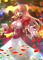 Rule 34 | 10s, 1girl, ahoge, blonde hair, breasts, cleavage, cleavage cutout, clothing cutout, commentary request, dress, epaulettes, fate/extra, fate/grand order, fate (series), foreshortening, green eyes, hair between eyes, hair intakes, jacket, juliet sleeves, kneehighs, large breasts, long hair, long sleeves, looking at viewer, matsumoto tomoyohi, nero claudius (fate), nero claudius (fate) (all), nero claudius (fate/extra), open mouth, outstretched hand, panties, pantyshot, petals, puffy sleeves, see-through, see-through dress, skirt, smile, socks, solo, standing, star (sky), translucent dress, underwear, wide sleeves