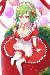 Rule 34 | 1girl, :p, alternate costume, apron, arm support, balloon, bow, breasts, chocolate, cleavage, commentary, dress, enmaided, feet out of frame, flower, food, frilled apron, frilled shirt collar, frills, green hair, hair between eyes, hair bow, hair flower, hair ornament, holding, holding food, kazami yuuka, konnyaku (yuukachan 51), large breasts, looking at viewer, maid, maid apron, maid headdress, neck ribbon, no shoes, petals, pink flower, puffy short sleeves, puffy sleeves, red bow, red dress, red eyes, ribbon, short dress, short hair, short sleeves, sitting, smile, solo, thighhighs, tongue, tongue out, touhou, waist apron, white apron, white background, white thighhighs, wrist cuffs, yellow flower, yellow ribbon