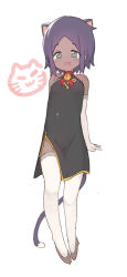 Rule 34 | 1girl, animal ears, bare shoulders, bell, black dress, blue eyes, blush, cat ears, cat girl, cat tail, china dress, chinese clothes, choker, coco mercury, commentary, dark-skinned female, dark skin, dress, elbow gloves, extra ears, flat chest, full body, gloves, highres, korean commentary, last origin, looking at viewer, luke (dydansgur), neck bell, open mouth, parted bangs, purple hair, short hair, side slit, smile, solo, tail, thighhighs, white gloves, white thighhighs