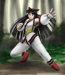 Rule 34 | 1girl, absurdres, ainu clothes, armpits, black hair, blue eyes, breasts, fingerless gloves, forest, gloves, hair ribbon, highres, legs, long hair, looking at viewer, nakoruru, nature, outstretched arm, pants, ribbon, samurai spirits, small breasts, smile, snk, solo, the king of fighters, thighs
