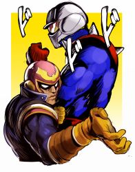 Rule 34 | 2boys, bodysuit, captain falcon, clenched hand, company connection, crossover, f-zero, fighting stance, gradient background, helmet, jojo no kimyou na bouken, mach rider, mach rider (character), multiple boys, muscular, nintendo, no pupils, stand (jojo), voodoothur