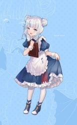 Rule 34 | 1girl, :d, alternate costume, apron, artist name, blue background, blue dress, blue eyes, blue footwear, blue hair, blush, cube hair ornament, double bun, dress, frilled apron, frilled dress, frills, gawr gura, hair bun, hair ornament, highres, hitsukuya, holding, holding menu, hololive, hololive english, looking at viewer, menu, multicolored hair, open mouth, pantyhose, puffy short sleeves, puffy sleeves, sharp teeth, shoes, short sleeves, skirt hold, smile, solo, streaked hair, teeth, virtual youtuber, white apron, white pantyhose, wrist cuffs, zoom layer