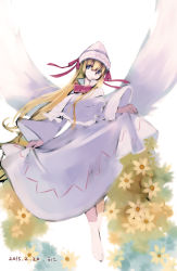 Rule 34 | 1girl, blonde hair, blue eyes, dated, dress, fairy, flower, full body, hat, highres, lily white, long hair, long sleeves, looking to the side, namauni, smile, solo, touhou, white dress, wide sleeves, wings