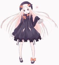 Rule 34 | 1girl, :o, abigail williams (fate), absurdres, black bow, black dress, black footwear, black hat, blonde hair, bloomers, blue eyes, blush, bow, bug, butterfly, dress, fate/grand order, fate (series), full body, hair bow, hands in opposite sleeves, hat, head tilt, heart, highres, insect, long hair, long sleeves, looking at viewer, mary janes, open mouth, orange bow, parted bangs, pigeon-toed, pink background, polka dot, polka dot bow, ruten (onakasukusuku), shoes, simple background, solo, standing, underwear, very long hair, white bloomers