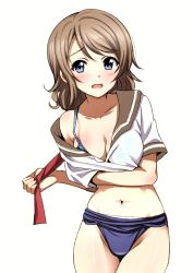 Rule 34 | 1girl, absurdres, blue bra, blue eyes, blush, bra, breasts, brown hair, cleavage, clothes pull, collarbone, competition swimsuit, cowboy shot, highres, holding, large breasts, light brown hair, looking at viewer, love live!, love live! sunshine!!, navel, necktie, off shoulder, one-piece swimsuit, one-piece swimsuit pull, open mouth, sailor collar, sailor shirt, sankuro (agoitei), scan, school swimsuit, see-through, shiny skin, shirt, short hair, simple background, solo, standing, stomach, swimsuit, underwear, undressing, watanabe you, white background