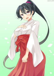 Rule 34 | 10s, 1girl, alternate costume, bad id, bad pixiv id, breasts, eyebrows, gradient background, hair between eyes, hakama, hakama skirt, hand on own chest, japanese clothes, kankitsunabe (citrus), kantai collection, large breasts, long hair, looking at viewer, miko, one-hour drawing challenge, open mouth, ponytail, purple eyes, red hakama, ribbon-trimmed sleeves, ribbon trim, simple background, skirt, solo, twitter username, wide sleeves, yahagi (kancolle)