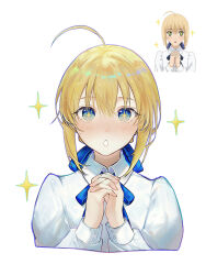 Rule 34 | 1girl, absurdres, ahoge, artoria pendragon (all), artoria pendragon (fate), blonde hair, blue eyes, blue ribbon, blush, commentary request, cropped torso, fate/stay night, fate (series), hair between eyes, hair ribbon, highres, long sleeves, looking at viewer, neck ribbon, nigiri, own hands together, ribbon, saber (fate), shirt, short hair, sidelocks, simple background, solo, symbol-shaped pupils, white background, white shirt
