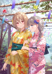 Rule 34 | 2girls, blonde hair, blue eyes, blush, brown hair, commentary request, floral print, fukahire (ruinon), highres, holding another&#039;s arm, japanese clothes, kimono, leaf, long hair, long sleeves, looking at another, medium hair, mole, mole under eye, multiple girls, obi, original, parted lips, pink eyes, pink kimono, sash, shadow, smile, tree, wide sleeves, wind chime, yellow kimono, yukata, yuri