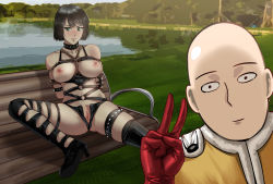 Rule 34 | 1boy, 1girl, blush, bondage outfit, breasts, fubuki (one-punch man), green eyes, green hair, highres, large breasts, lips, looking away, lying, navel, nipples, nude, on back, one-punch man, penis, pussy, saitama (one-punch man), sex, short hair, uncensored, v, wumu