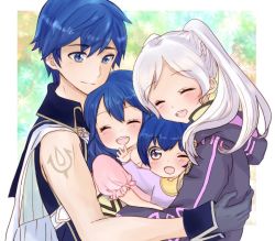 Rule 34 | 2boys, 2girls, ^ ^, aged down, arm tattoo, blue hair, blush, brother and sister, cape, chrom (fire emblem), closed eyes, family, father and daughter, father and son, fire emblem, fire emblem awakening, floral background, happy, hood, hood down, husband and wife, looking at another, lucina (fire emblem), morgan (fire emblem), morgan (male) (fire emblem), mother and daughter, mother and son, multiple boys, multiple girls, nintendo, open mouth, puni (thw0lau0etfzzfh), robin (female) (fire emblem), robin (fire emblem), short hair, siblings, silver hair, smile, tattoo, upper body