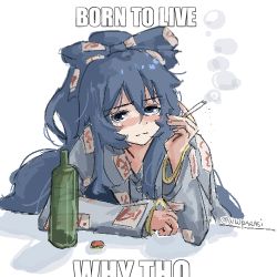 Rule 34 | 1girl, alcohol, beer, blue eyes, blue hair, cigarette, closed mouth, depressed, english text, holding, holding cigarette, looking at viewer, meme, solo, touhou, wwparasi, yorigami shion