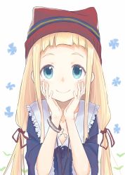Rule 34 | 1girl, absurdres, blonde hair, blue eyes, blush, bracelet, commentary request, cthulhu mythos, dress, eila halltunen, hair ribbon, hat, head rest, highres, jewelry, long hair, looking at viewer, necklace, original, ribbon, sidelocks, simple background, smile, solo, tapimakura, tareme, tattoo, twintails, upper body, white background