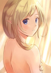 Rule 34 | 1girl, animal ears, back, backlighting, blonde hair, blue eyes, blush, curtains, highres, looking at viewer, looking back, nude, parted lips, pointy ears, sakura ani, solo, twisted neck