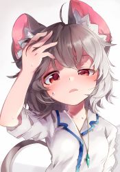 Rule 34 | 1girl, ahoge, animal ear fluff, animal ears, blush, breasts, commentary request, grey hair, highres, jewelry, kibayashi kimori, looking at viewer, mouse ears, mouse tail, nazrin, pendant, red eyes, shirt, short sleeves, simple background, small breasts, solo, sweat, tail, touhou, upper body, white background, white shirt