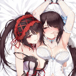 Rule 34 | 2girls, :q, black choker, breast press, breasts, brown hair, choker, cirnos, cleavage, clock eyes, closed mouth, collarbone, cuffs, date a live, elbow gloves, finger in another&#039;s mouth, frilled gloves, frills, from above, gloves, hair between eyes, hairband, handcuffs, heterochromia, large breasts, lolita hairband, long hair, lying, multiple girls, neck ribbon, on back, red eyes, red ribbon, ribbon, see-through, shiny skin, strap slip, symbol-shaped pupils, tokisaki kurumi, tongue, tongue out, twintails, very long hair, yellow eyes, yuri