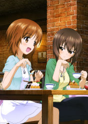 Rule 34 | 10s, 2girls, :d, absurdres, brown eyes, brown hair, cake, casual, cup, denim, dog tags, food, girls und panzer, highres, jeans, multiple girls, nishizumi maho, nishizumi miho, official art, open mouth, pants, saucer, short hair, siblings, sisters, smile, teacup