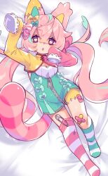 Rule 34 | 1girl, :o, akubimtcat, animal ears, aqua hair, aqua overalls, arm up, armpit cutout, asymmetrical legwear, bandaid, bandaid on knee, bandaid on leg, bandaid on thigh, bed sheet, bow, breasts, bright pupils, cat tail, cleavage, clothing cutout, crossed bangs, curvy, facing viewer, from above, groin, hair bow, hair spread out, half-closed eyes, hand up, heart, heart-shaped pupils, highres, hikimayu, knee up, lace-trimmed sleeves, lace trim, long sleeves, looking at viewer, lying, mandarin collar, mismatched animal ear colors, mismatched animal ears, mismatched legwear, multicolored hair, multiple hair bows, on back, original, overalls, paperclip, pink eyes, pink hair, pink shrug, pink tail, red trim, shrug (clothing), signature, single sock, single thighhigh, sleeves past wrists, small breasts, socks, solo, stitched leg, stitches, streaked hair, striped bow, striped clothes, striped socks, striped tail, striped thighhighs, symbol-shaped pupils, tail, tareme, thighhighs, twintails, two-tone shrug, uneven legwear, white bustier, white pupils, yellow shrug, zipper, zipper pull tab