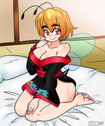 Rule 34 | 1girl, antennae, barefoot, bed, bee girl, bee wings, black kimono, blonde hair, blush, breasts, brown eyes, cleavage, collarbone, dakunart, floral print, hand on own chest, hand on own knee, highres, arthropod girl, insect wings, japanese clothes, kimono, kneeling, large breasts, long sleeves, looking at viewer, mely, off shoulder, pillow, print kimono, short hair, smile, stinger, wall, wide sleeves, wings