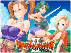Rule 34 | 3girls, :d, armpits, ass, bare shoulders, belt, bianca (dq5), blonde hair, blue eyes, blush, bracelet, braid, breast hold, breasts, brown eyes, cape, choker, chunsoft, circlet, cleavage, cloud, corset, crossed arms, curly hair, day, detached sleeves, dragon quest, dragon quest iv, dragon quest v, dragon quest viii, dress, earrings, enix, covered erect nipples, fighting stance, from behind, green hair, hand on own hip, heroine (dq4), hip focus, impossible clothes, impossible shirt, jessica albert, jewelry, jumping, large breasts, lips, long hair, looking back, multiple girls, necklace, one eye closed, open mouth, orange hair, outdoors, pendant, pouch, purple shirt, shield, shirt, short hair, single braid, sky, smile, square enix, st.germain-sal, strapless, strapless dress, sword, thigh strap, tube top, upper body, wavy hair, weapon, wink