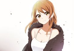 Rule 34 | 1girl, amaiwashi, bad id, bad pixiv id, bare shoulders, blush, breasts, brown eyes, brown hair, camisole, cleavage, closed mouth, collarbone, commentary request, earrings, fur, gradient background, head tilt, hojo karen, hoop earrings, idolmaster, idolmaster cinderella girls, jewelry, long hair, medium breasts, smile, solo, upper body, white background