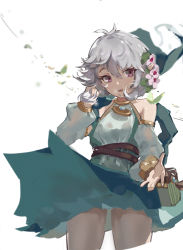 Rule 34 | 1girl, absurdres, bare shoulders, belt, chinese commentary, commentary request, cowboy shot, detached sleeves, dress, flower, green dress, green sleeves, grey hair, hair flower, hair ornament, highres, kokkoro (princess connect!), long sleeves, looking at viewer, parted lips, pink flower, pointy ears, princess connect!, purple eyes, short hair, simple background, sleeveless, sleeveless dress, solo, white background, zygocactus