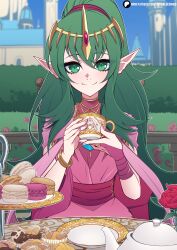 Rule 34 | 1girl, absurdres, closed mouth, commentary, cup, english commentary, fire emblem, fire emblem: mystery of the emblem, fire emblem: three houses, flower, food, green eyes, green hair, high ponytail, highres, holding, holding cup, long pointy ears, looking at viewer, macaron, nintendo, outdoors, plate, pointy ears, red flower, red rose, rose, scrimblocrimbo, short hair, smile, solo, teacup, teapot, tiara, tiki (fire emblem), tiki (young) (fire emblem)